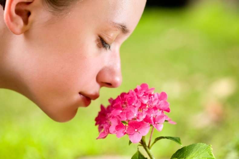 Девушка нюхает цветок.